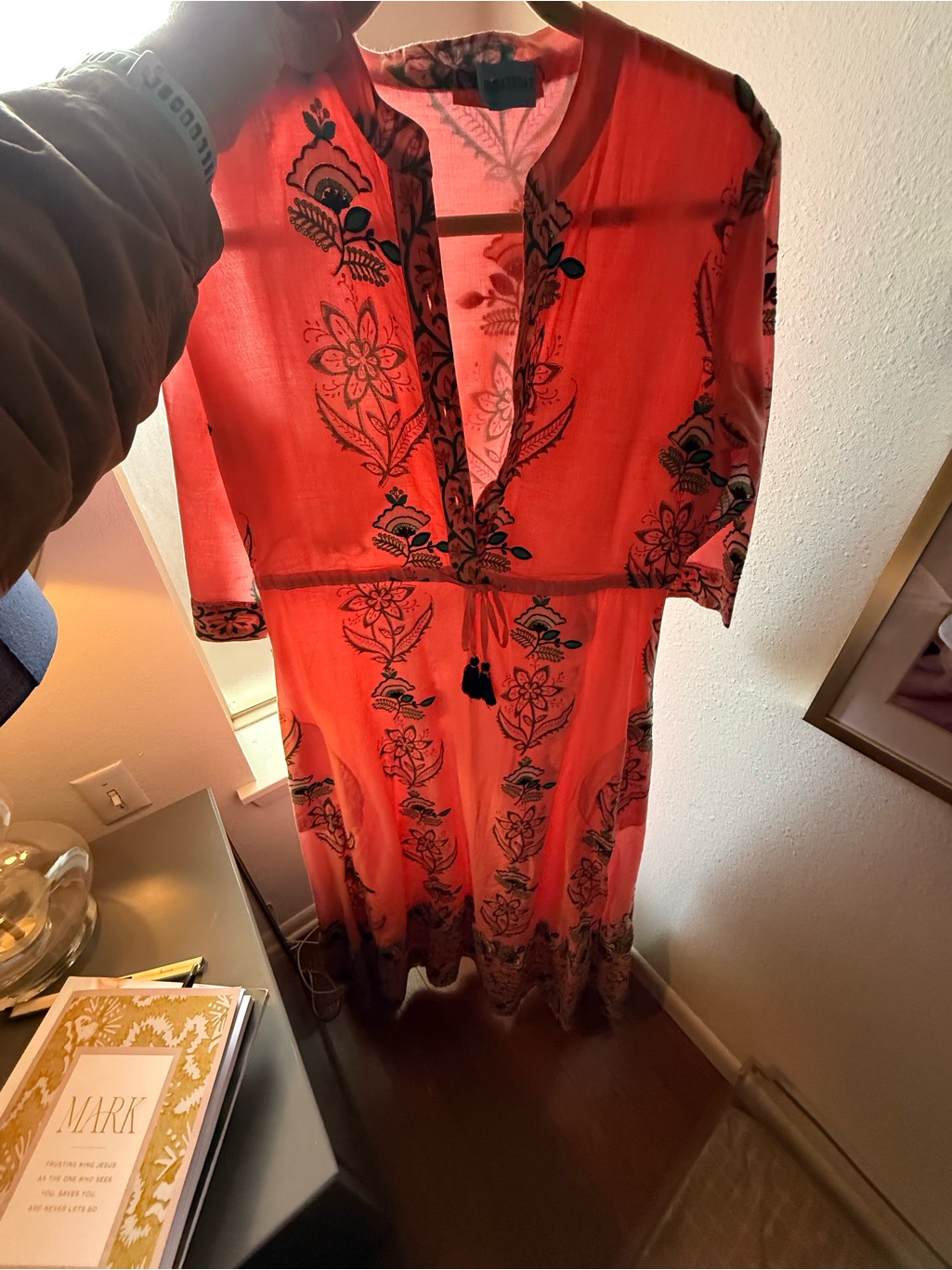 Oliphant Coral Pink Maxi Dress With Black And Green Floral Embroidery